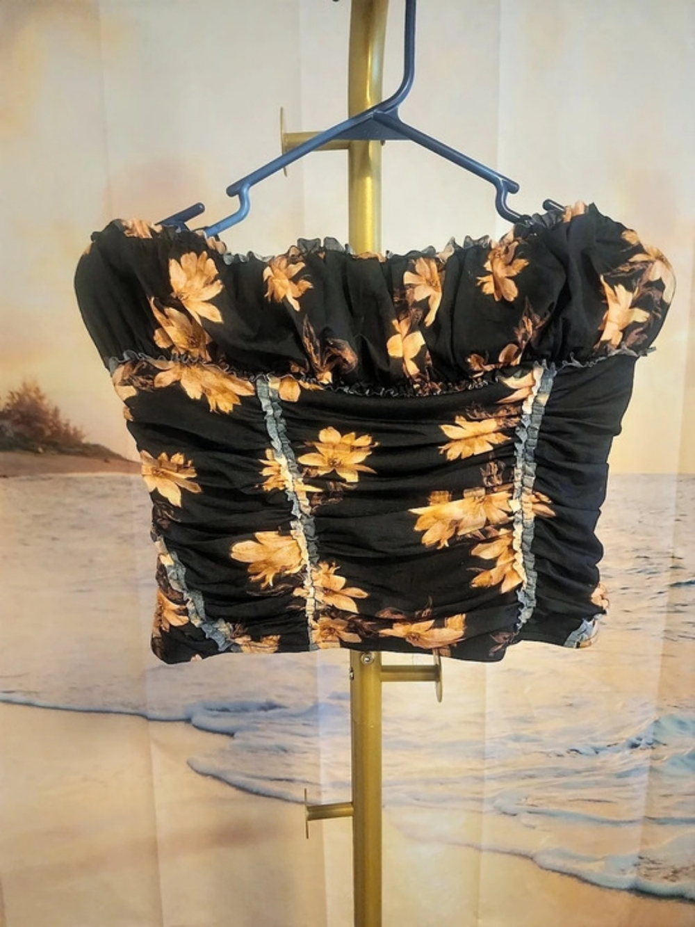 Free People Floral Ruched Crop Top in Black & Orange Like New